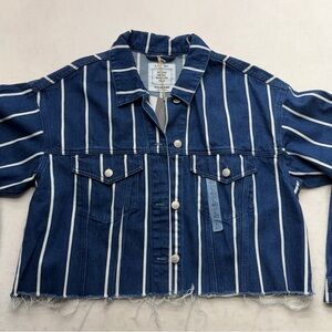 Pull & Bear Cropped Blue Denim White Striped Jacket Women’s Size Large